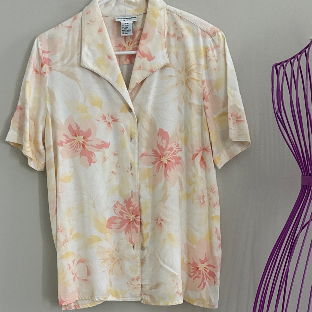 Alfred Dunner Floral Button Down Shirt - Cream and Pink